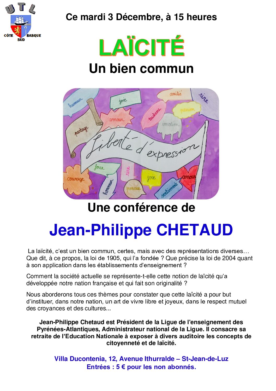 CONFERENCE LAICITE 3 DECEMBRE 2024 15H A ST JEAN DE LUZ